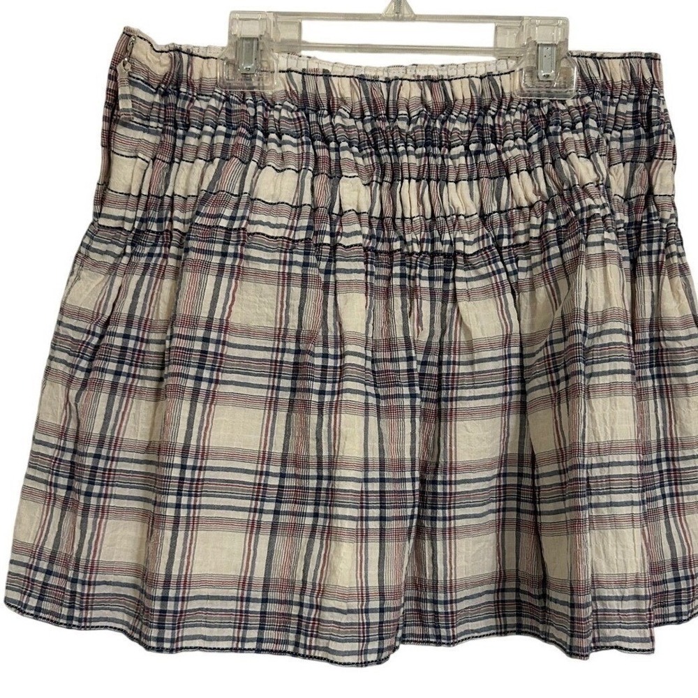 Max Studio Plaid Smocked Mini Skirt Womens 8 Blue Red Cream Cotton Tiered Ruffle